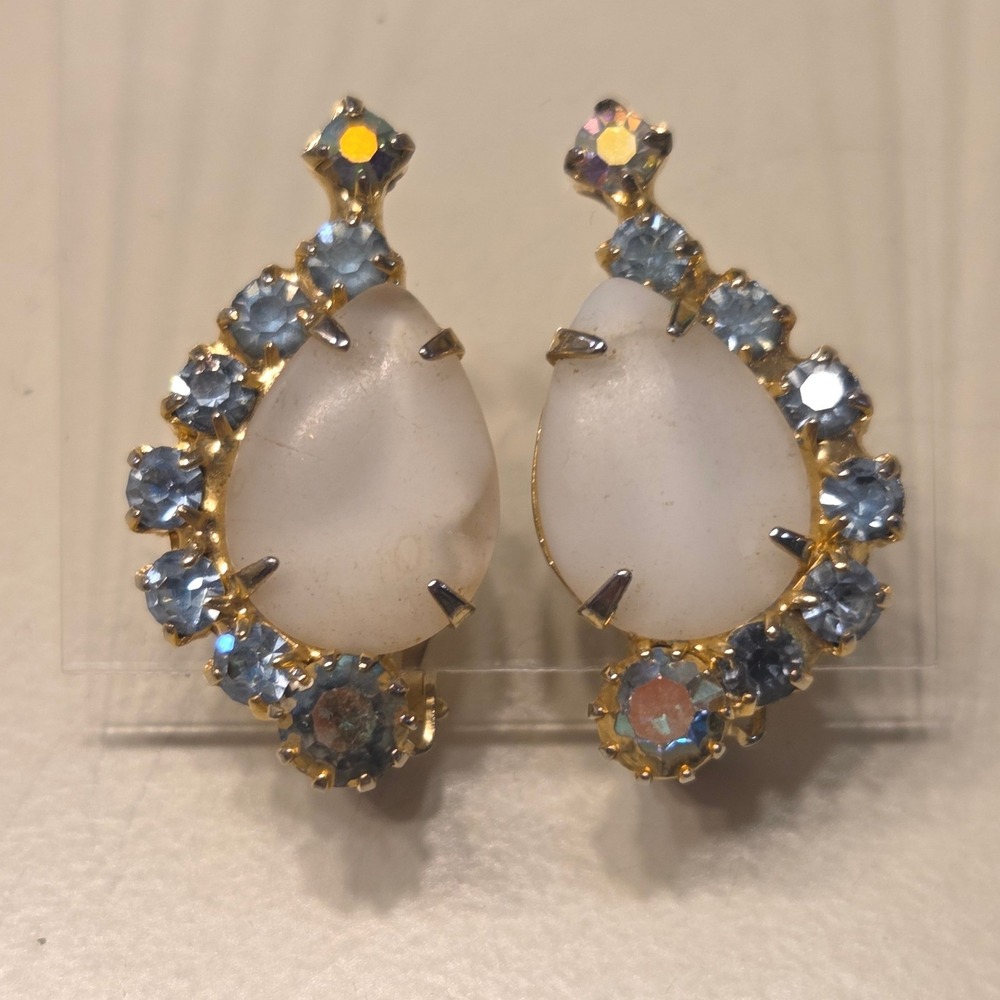 Vintage Teardrop Blue Rhinestone Gold Tone White Givre Clip Earrings Glam 1960's